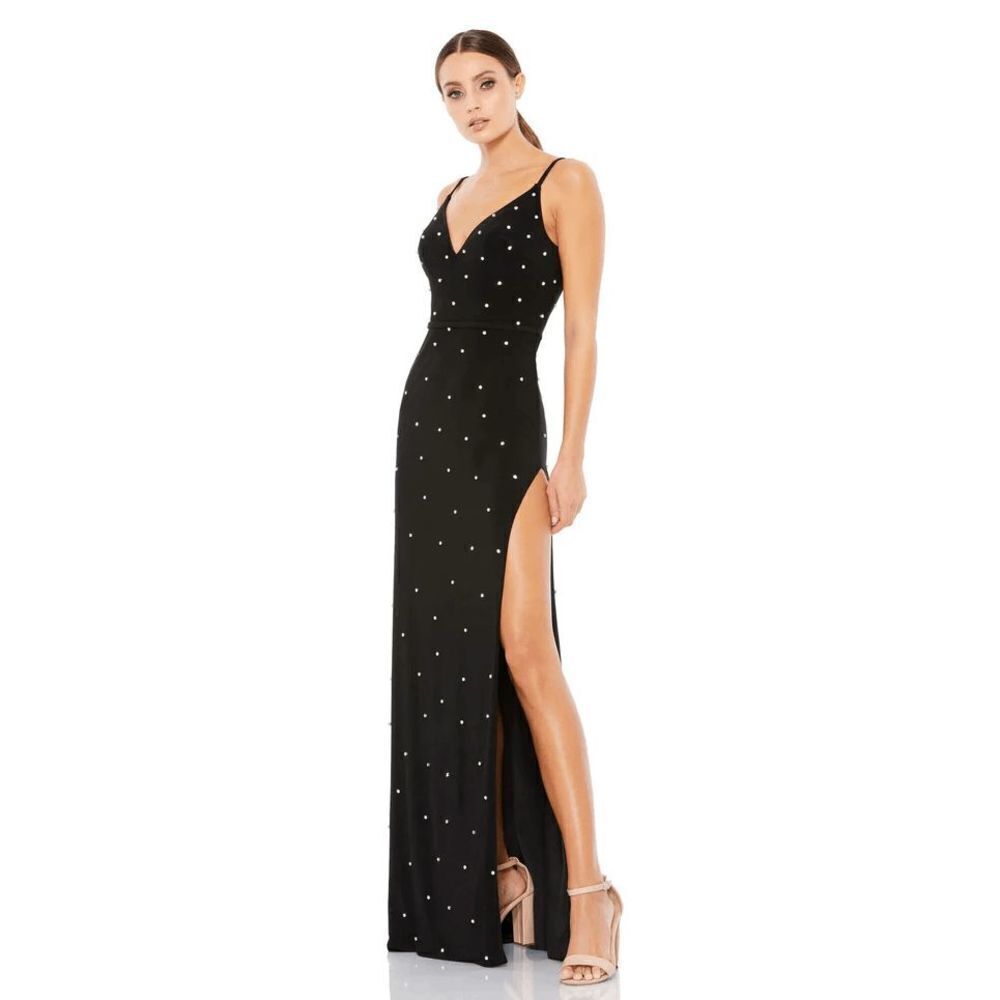 NEW MAC DUGGAL 67812 Polkadot Embellished Side Slit Black Prom Dress Size 4